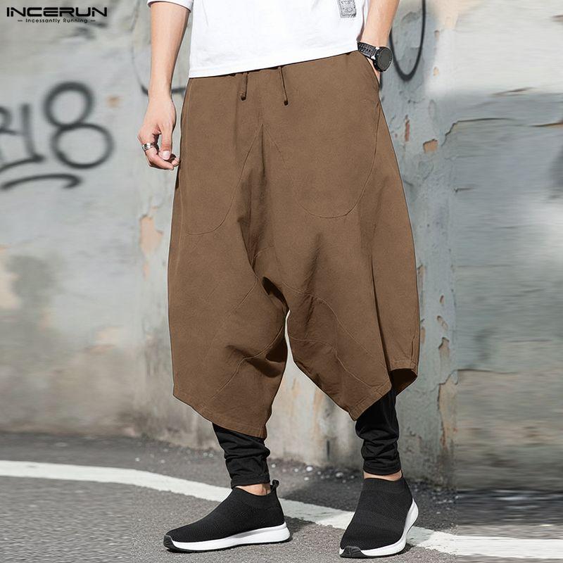 INCERUN Pantaloni Larghi Casual da Uomo a Vita Elastica, Finto Due Pezzi, Cavallo Basso, Lunghi