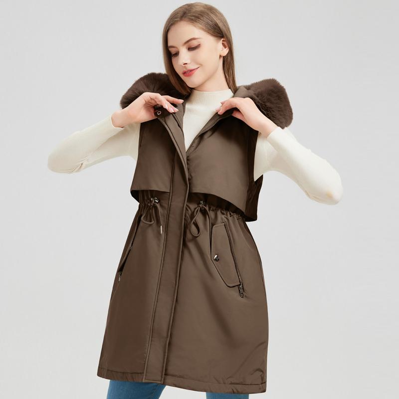 Fashion Winter Coat Female Long Parkas Hooded Detachable Sleeves Faux Fur Collar Thick Warm Women's Jackets