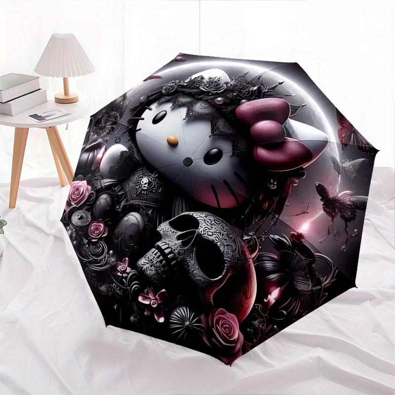Gothic Hello Kitty Automatic Umbrella-Foldable, Durable 8-Bone Design, Compact and Stylish, Great for Camping, Halloween, Christmas, Mother'