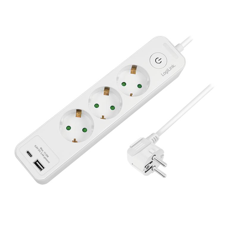 Triple Power Strip with USB-A/C, White, 3 Sockets, 1.5m - Logilink