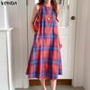 Ethnic Women Casual Round Neck Sleeveless Plaid Print Casual Tunic Dress