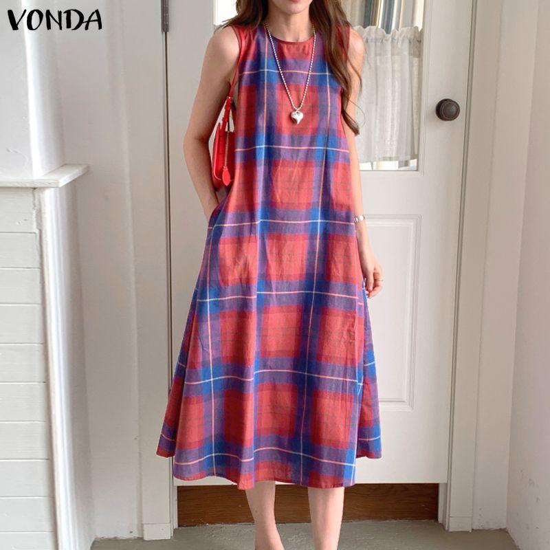 VONDA Ethnic Women Casual Round Neck Sleeveless Plaid Print Casual Tunic Dress