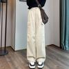 Women's Black Fleece-Lined High Waist Cargo Pants - Autumn/Winter, Slim-Fit, Straight-Wide Leg