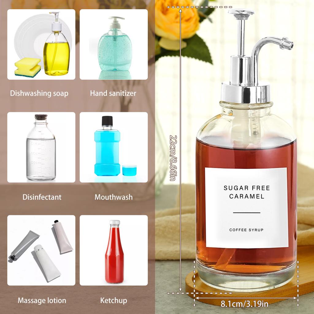 2 Pcs Coffee Syrup Dispenser Set with Bamboo Tray Reusable with Labels Funnel Clear Syrup Pump Dispenser for Coffee Bar Home