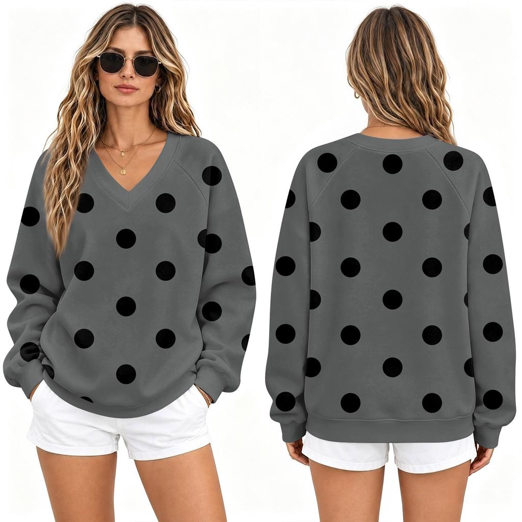 Damen Locker geschnittenes V-Ausschnitt Raglan Sweatshirt mit Polka-Dot-Print Pullover Top