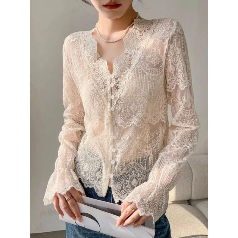 Women's Lace-Trimmed Long-Sleeve Shirt with Hollow-Out Collar - Elegant Spring/Autumn Top