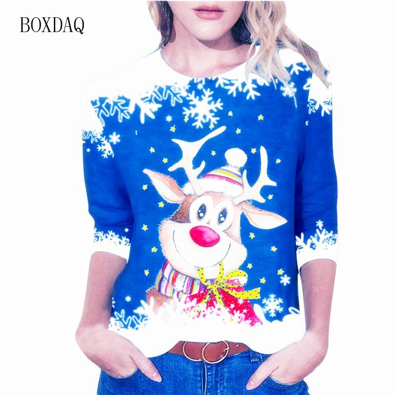 

Забавный мультяшный рождественский олень женские футболки с длинным рукавом осень-зима уличный 3D принт рождественский стиль женские футболки плюс размер 6XL XL