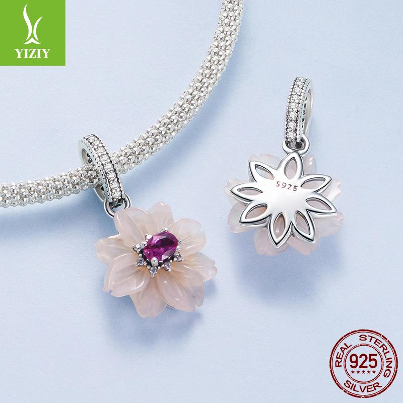 Pink Eternal Flower S925 Sterling Silver Pendant Accessories Romantic Sweet Wind Flower Bracelet Beaded