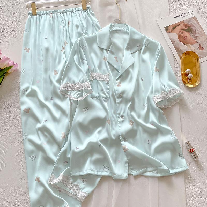 Summer Fresh Bear Print Pajamas Women'S Cool Feeling Ice Silk Short Sleeves Trousers Loungewear