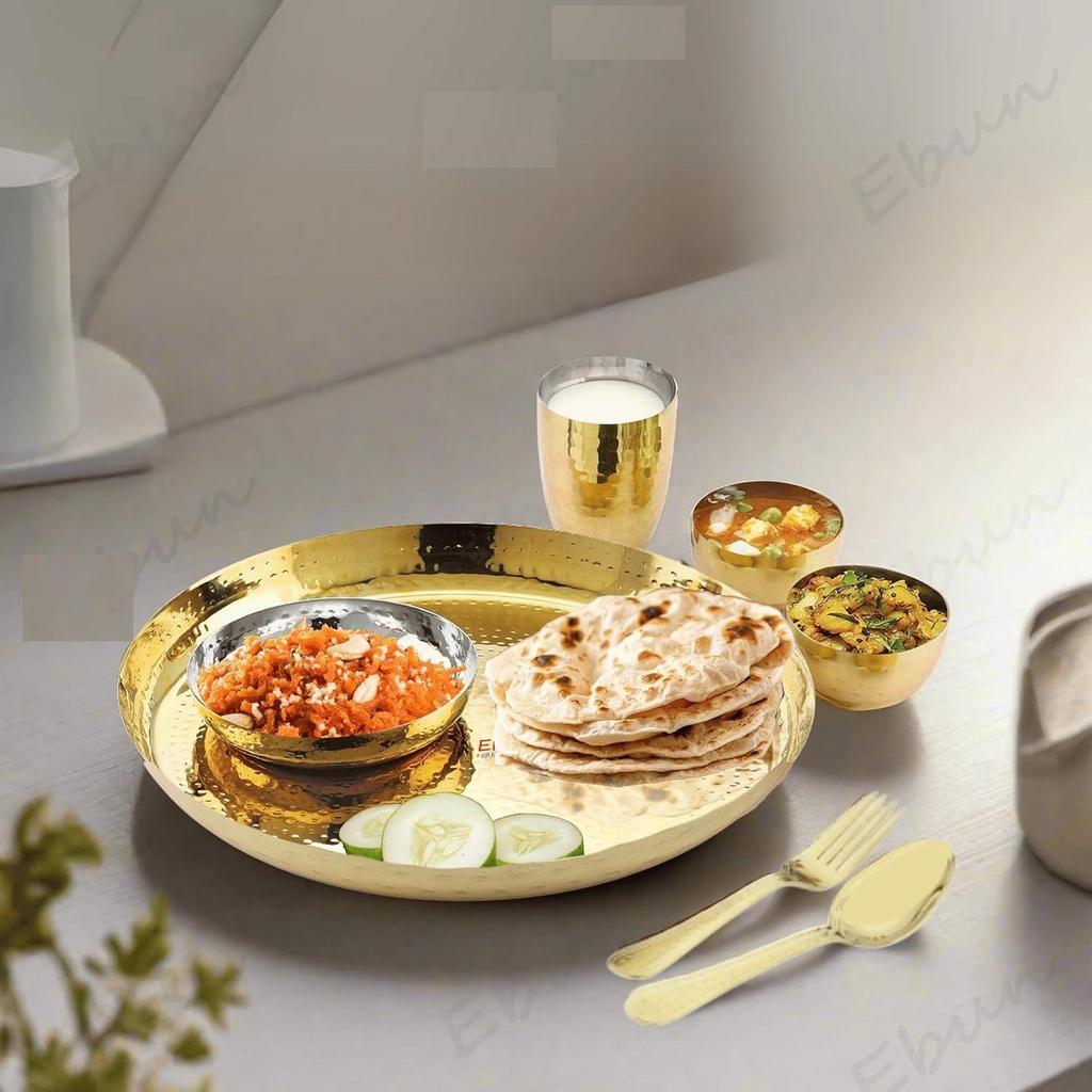 Heavy Gauge Stainless Steel Dinner Set | Gold PVD Plated Steel Thali Set | Stainless Steel Dinner Set for Kitchen | Pack of 1