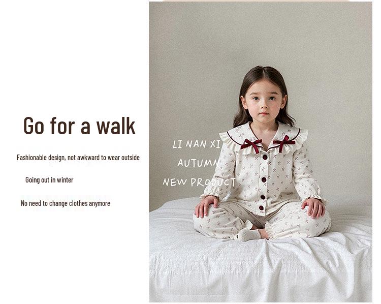 Girls' Autumn/Winter 2025 Fleece Pajama Set: Warm, Korean Style Bow Design for Small To Medium Children