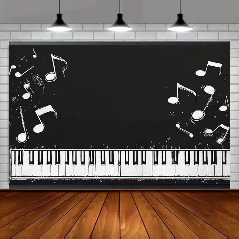2D Blackboard Music Theme Backdrop Piano Keys and Notes for Musician Party Background