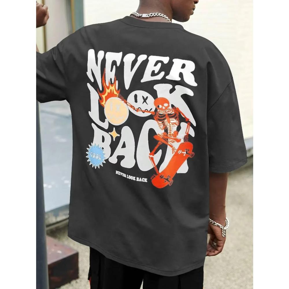 Never Look Back Creative Smile Skull Printing Cartoons Street Print Tshirt Man Loose Tee Clothes Cotton Crewneck Tops T-Shirt