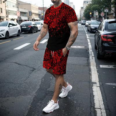 boutique3D Splicing Retro Fashion Men's Shorts Sportswear2-piece Set of Street Wear Short Sleeved T-shirt+shorts Men's Clothing