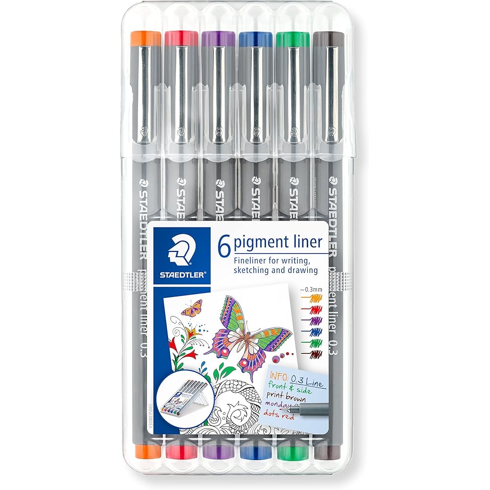 Staedtler 30803-SSB6 Water-based Pen, Pigment Liner, Line Writing Pen, 0.3 mm, 6 Colors