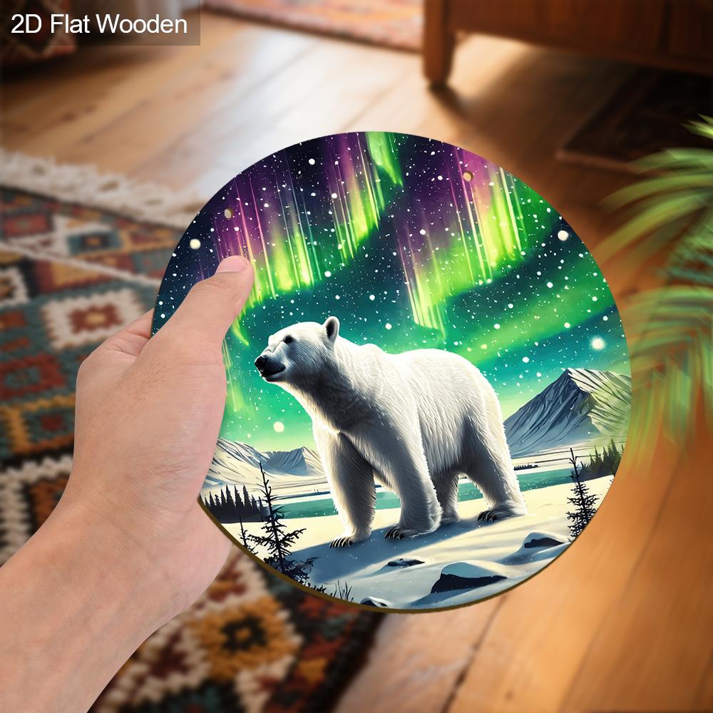 Wooden Sign with Polar Bear & Aurora Pattern, Round Sign for Front Door, Wall Hanging Decor, Ideal Gift for Friend & Family