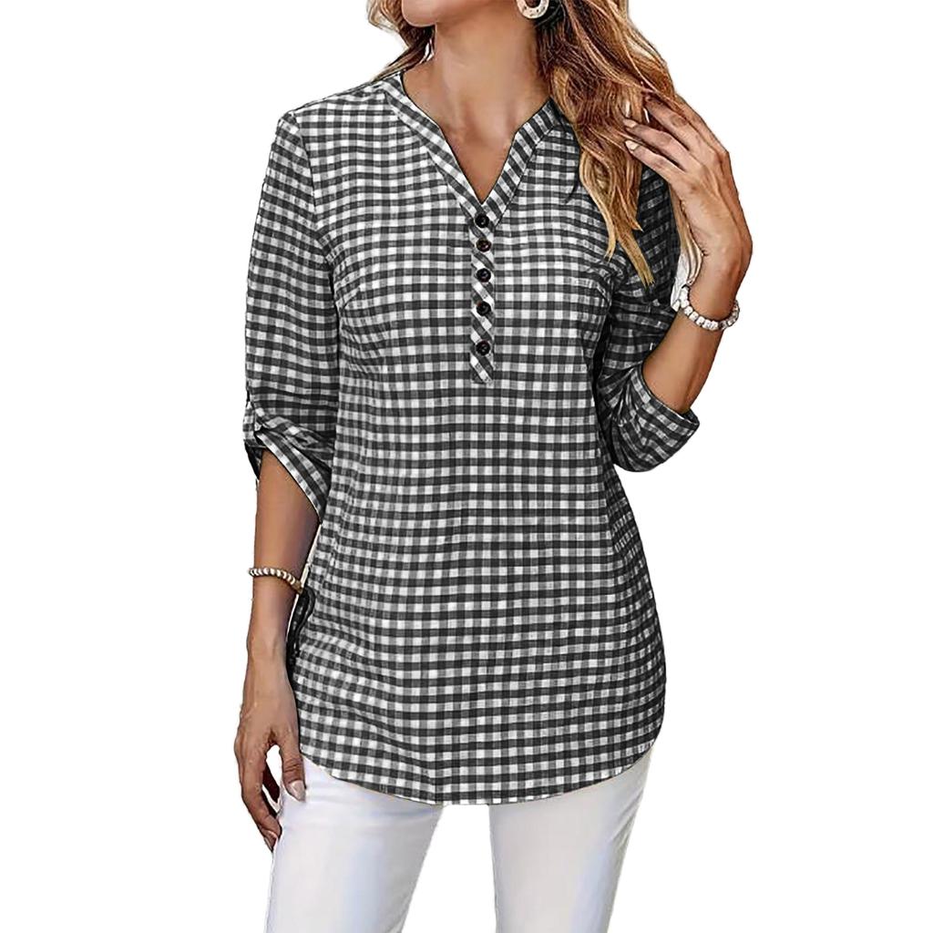 Women's Casual Plaid V Neck Long Sleeve Loose Fit Shirt Top