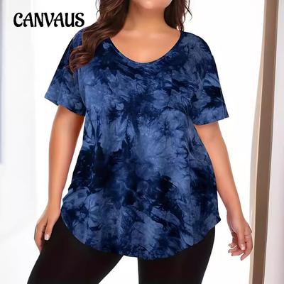 Maglietta Estiva da Donna Taglia Forte con Scollo a V, Taschino e Tie-Dye a Maniche Corte