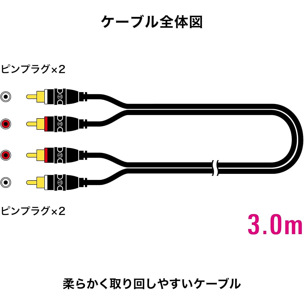 Audio-Technica RCA Audio Cable 3.0m (RCA Male x 2 - RCA Male x 2) for Speakers, Record Players, Amplifiers [Domestic Genuine Product] AT-MI64/3.0