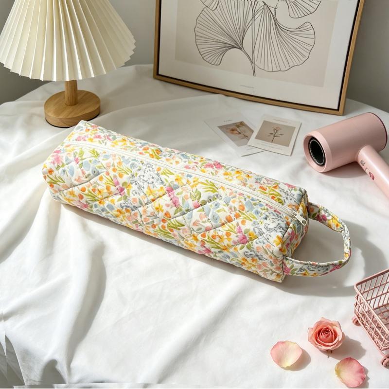 Quilted Hair Dryer Storage Bag With Cute Floral Print Portable Handle Large Capacity Carrying Case For Travel Bathroom Organizer