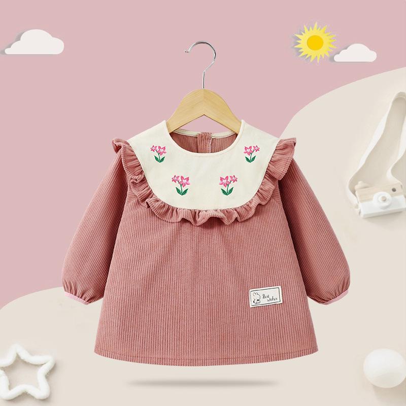 Waterproof Corduroy Smock Bib for Girls - Autumn/Winter Stylish Reversible Design