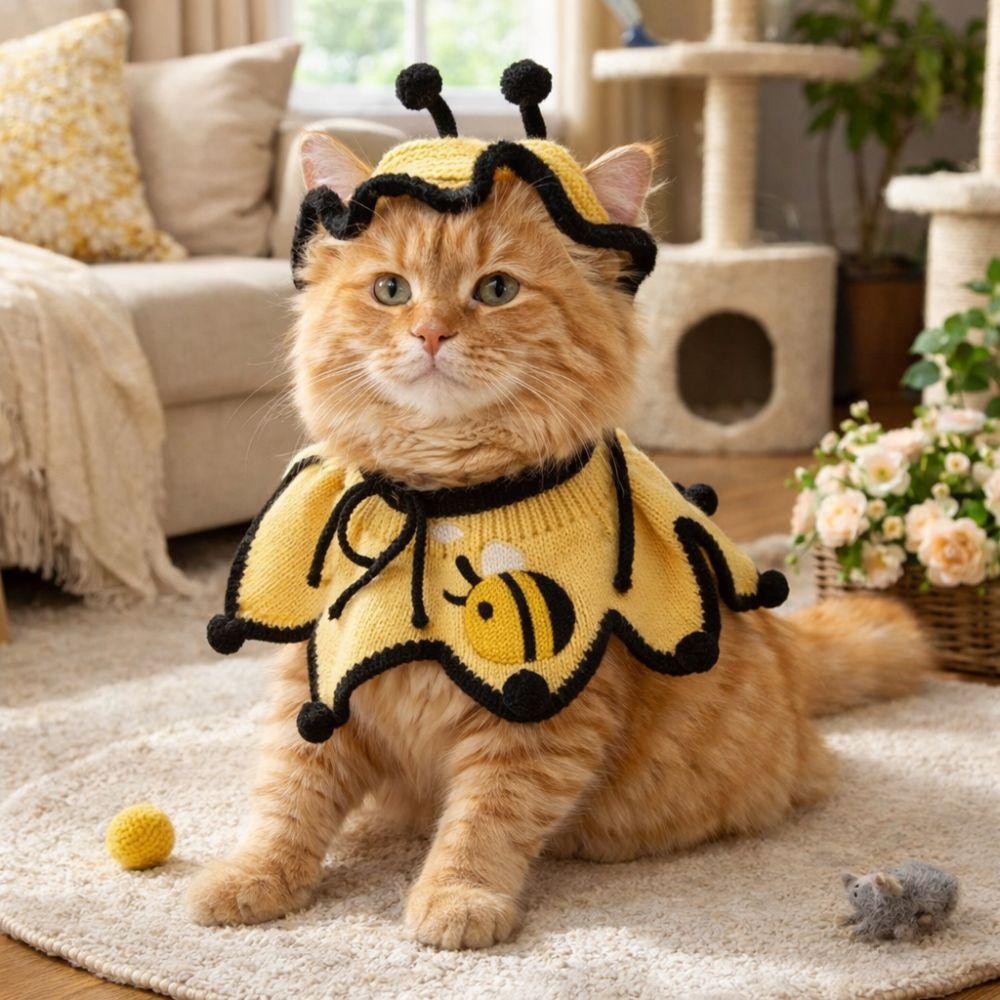 Pet Outfit Elastic Pet Knitted Hat Bee Shaped Warm Cat Collar Comfortable Pet Costumes Ideal Gift