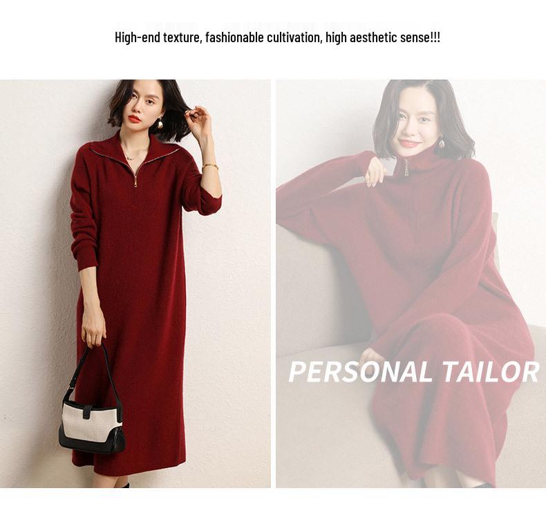Women's 2024 Autumn Half-Zip Lapel Cashmere Wool Knee-Length Knit Dress