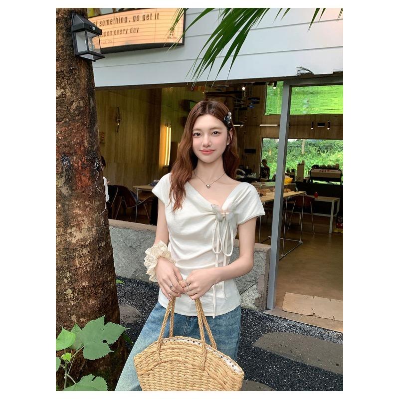 Swing Collar Slanted Shoulder Three-dimensional Bow Short-sleeved T-shirt Women's Summer Irregular Top