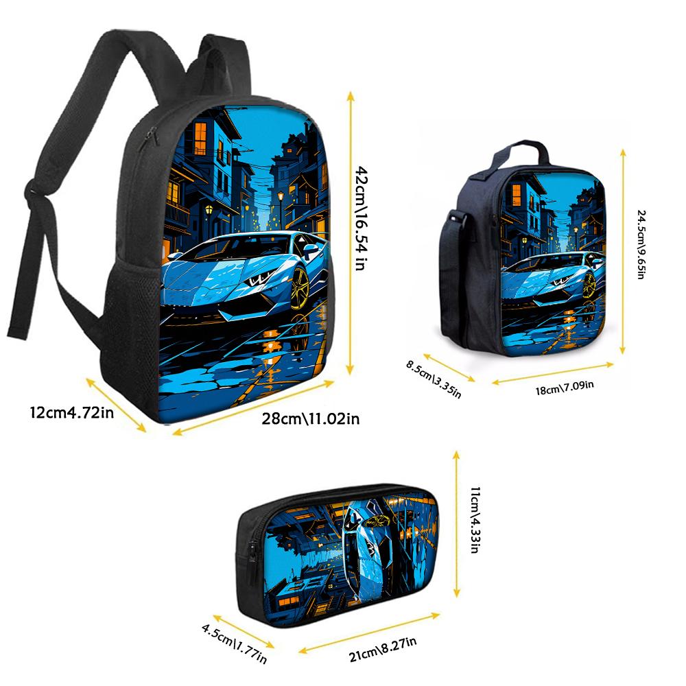 3pcs Teen Sports Car Pattern Backpack Set Large Capacity for Daily Commute And Travel Cool Design School Bag