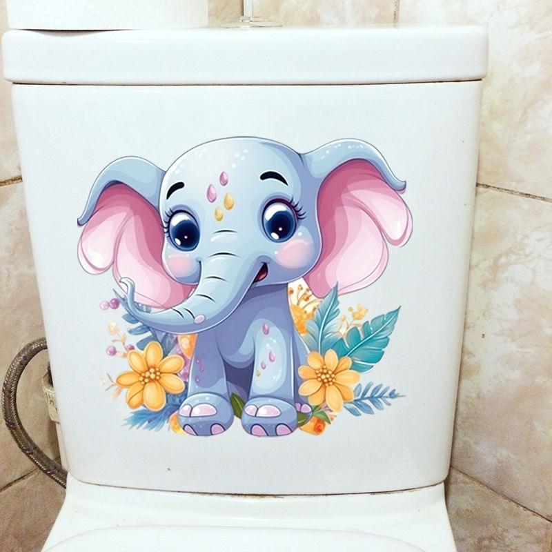 Beautiful Colored Baby Elephant Toilet Seat Stickers Self-adhesive Animal Stickers Toilet Bathroom Decoration Water-proof Decal