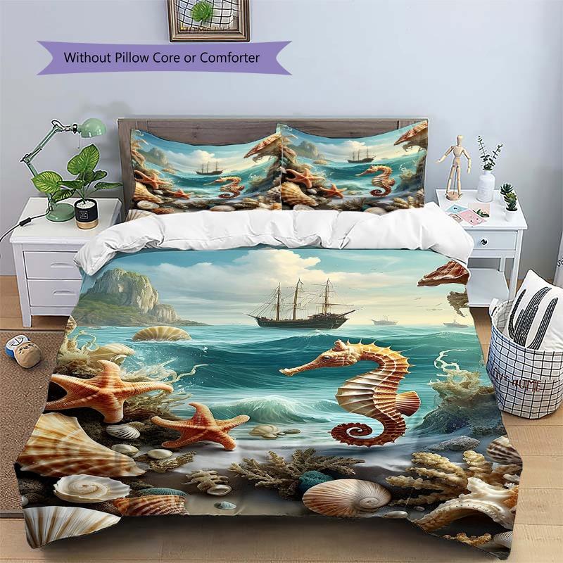 Seahorse Starfish Seashell Ocean Sailboat Print 3 Pieces Duvet Cover Set Sea Animal Bedding Bedroom Home Decor Without Pillow Core Comforter