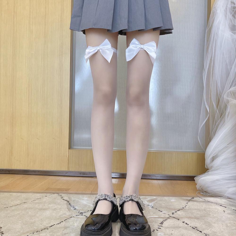 

Ультратонкие летние длинные чулки JK в японском стиле с бантом - однотонные, шелковые, пушистая сетка one size