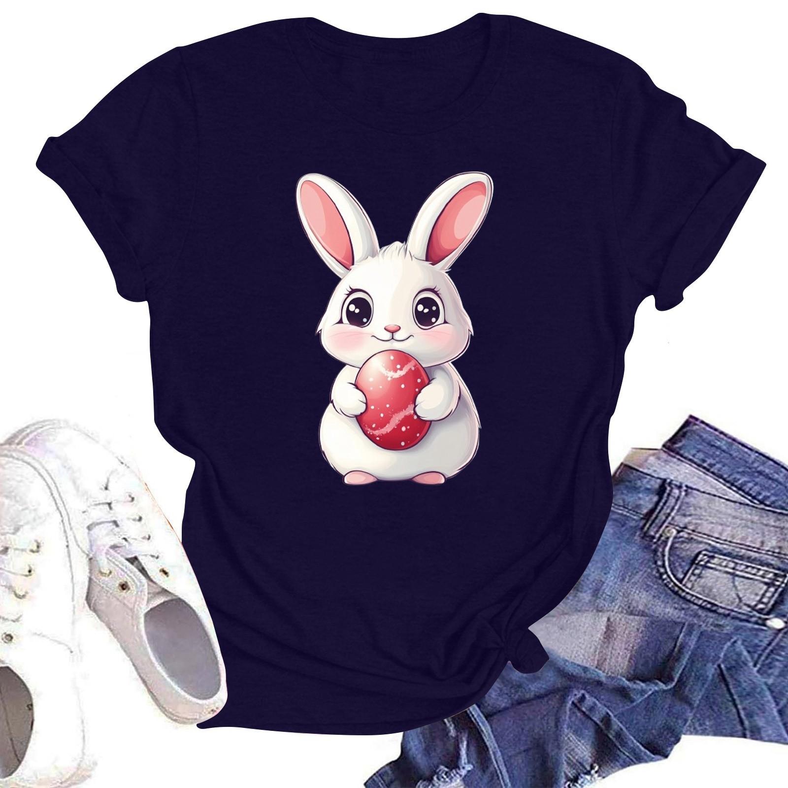 

Счастливой Пасхи женская мода принтованный круглый вырез короткий рукав футболка пуловер топ L тёмно-синий