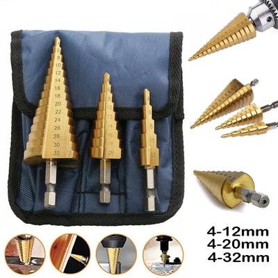 3 Stück Großer HSS-Stahl Stufenkegelbohrer Titanbohrer-Set Lochschneider 4-12/20/32mm