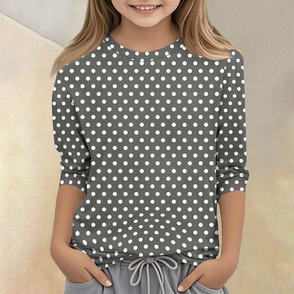 Kids Polka Dot Print Crew Neck Three Quarter Sleeve Casual T Shirt Lightweight Soft Fabric Comfortable Fit for Everyday Wear