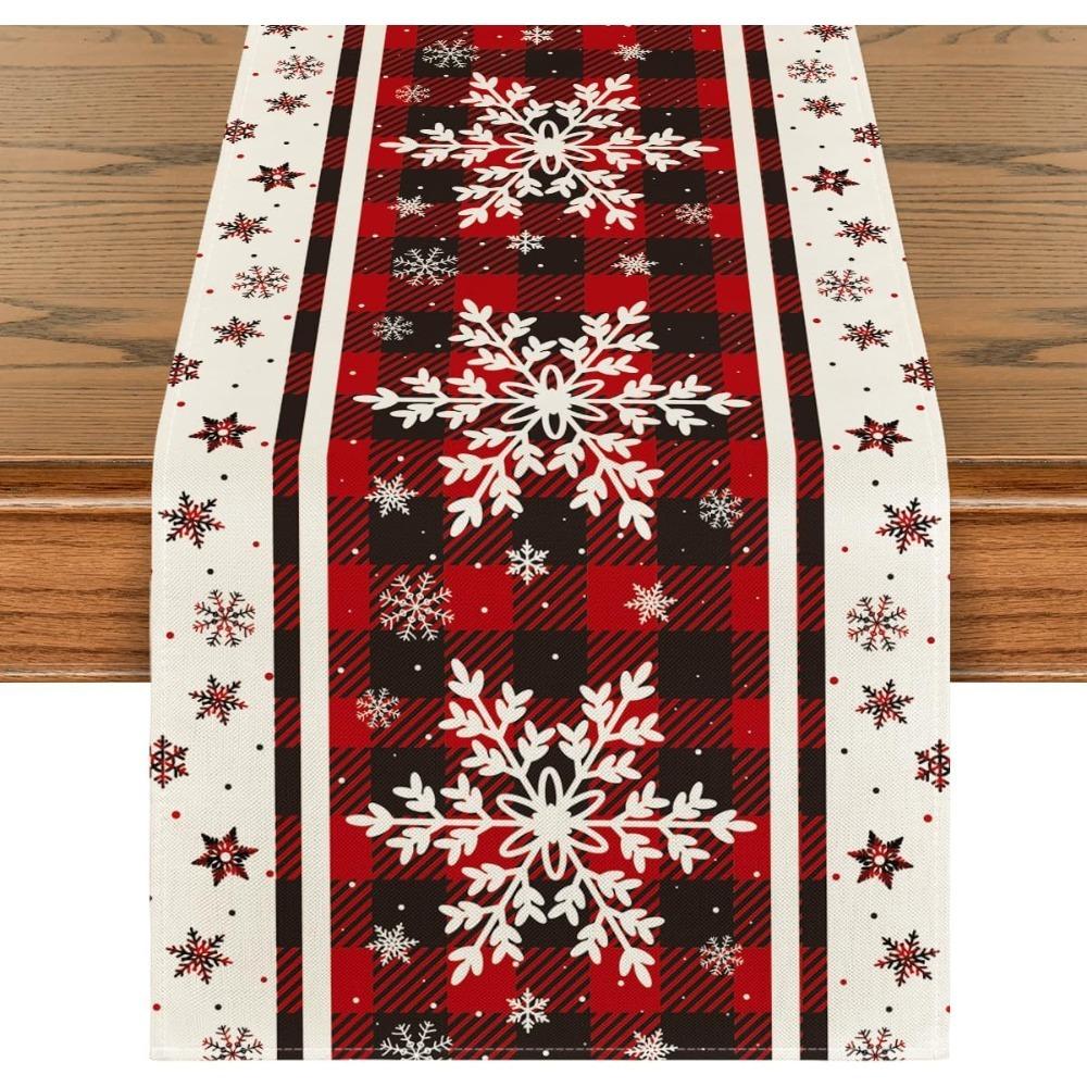 Artoid Mode Buffalo Plaid Snowflakes Christmas Table Runner, Seasonal Winter Kitchen Dining Table Decoration for Home Party Decor 13x72 Inch