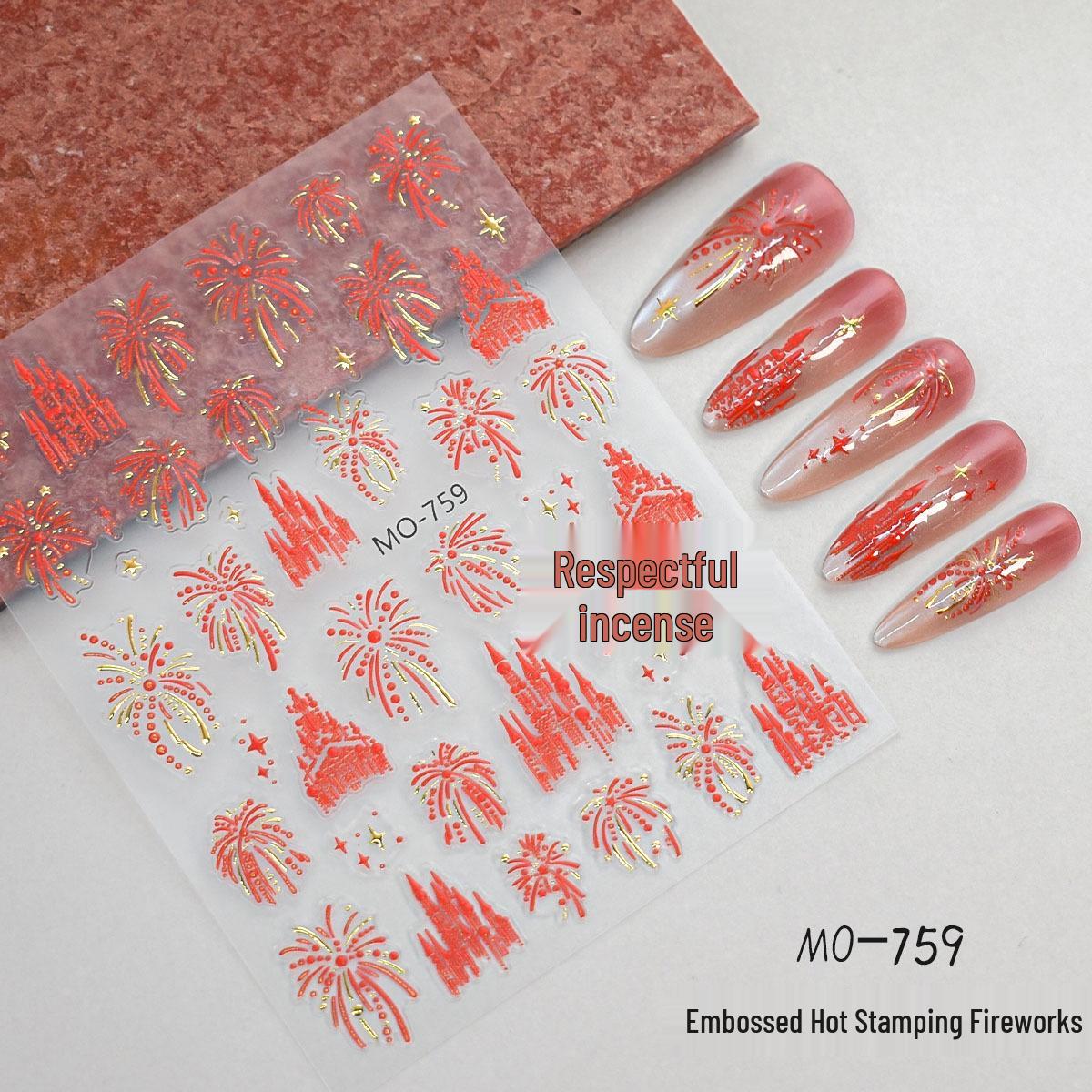 New Year 3D Firework Embossed Red Hot Stamping Nail Stickers - Trendy Nail Decorations