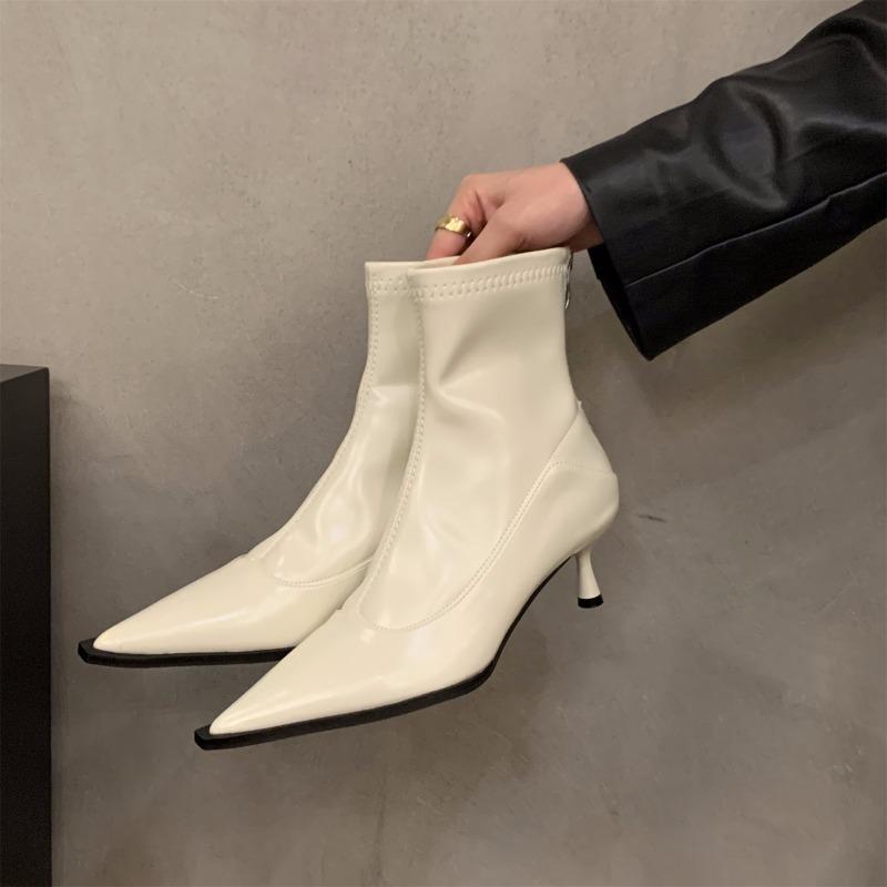 High heel pointed small short boots women's shoes new spring, autumn and winter velvet thin boots small ankle boots