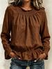 Women's Casual Color Long Sleeve Ruffle Blouse with Round Neck