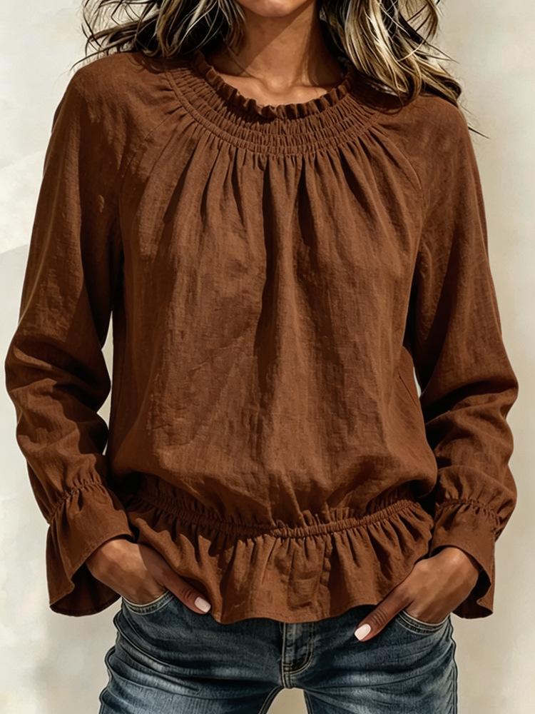 Women's Casual Color Long Sleeve Ruffle Blouse with Round Neck