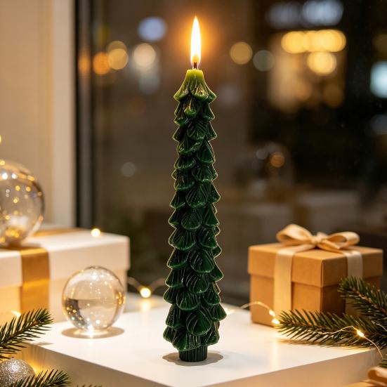 Remote Control Window Candles Green Christmas Tree Flameless LED Candle, 9.8" Battery Operated Taper Candles, Dorm Room Decorative Lighting