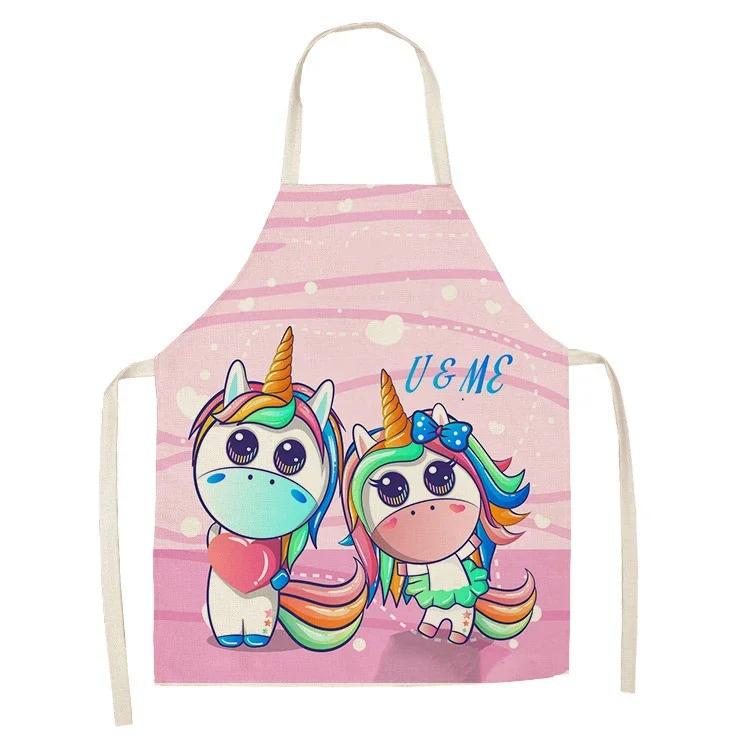1Pcs Kitchen Apron Cartoon Unicorn Music Printed Cotton Linen Aprons for Women Men Cooking Accessories Delantal Cocina Mujer