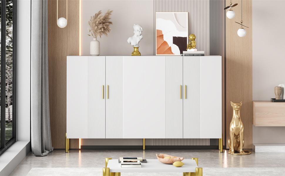 Modern Simple White Matte Multifunctional Storage Cabinet 4 Open and Closed Doors Dining Room Cabinet Gold Decoration 160*35*100cm