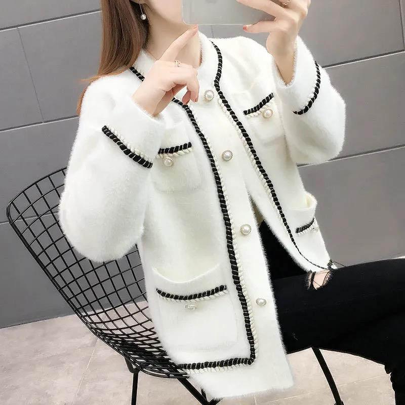 

Жіночий осінньо-зимовий в’язаний в’язаний кардиган із вовняним пальто в невеликому стилі з норки та оксамиту. L