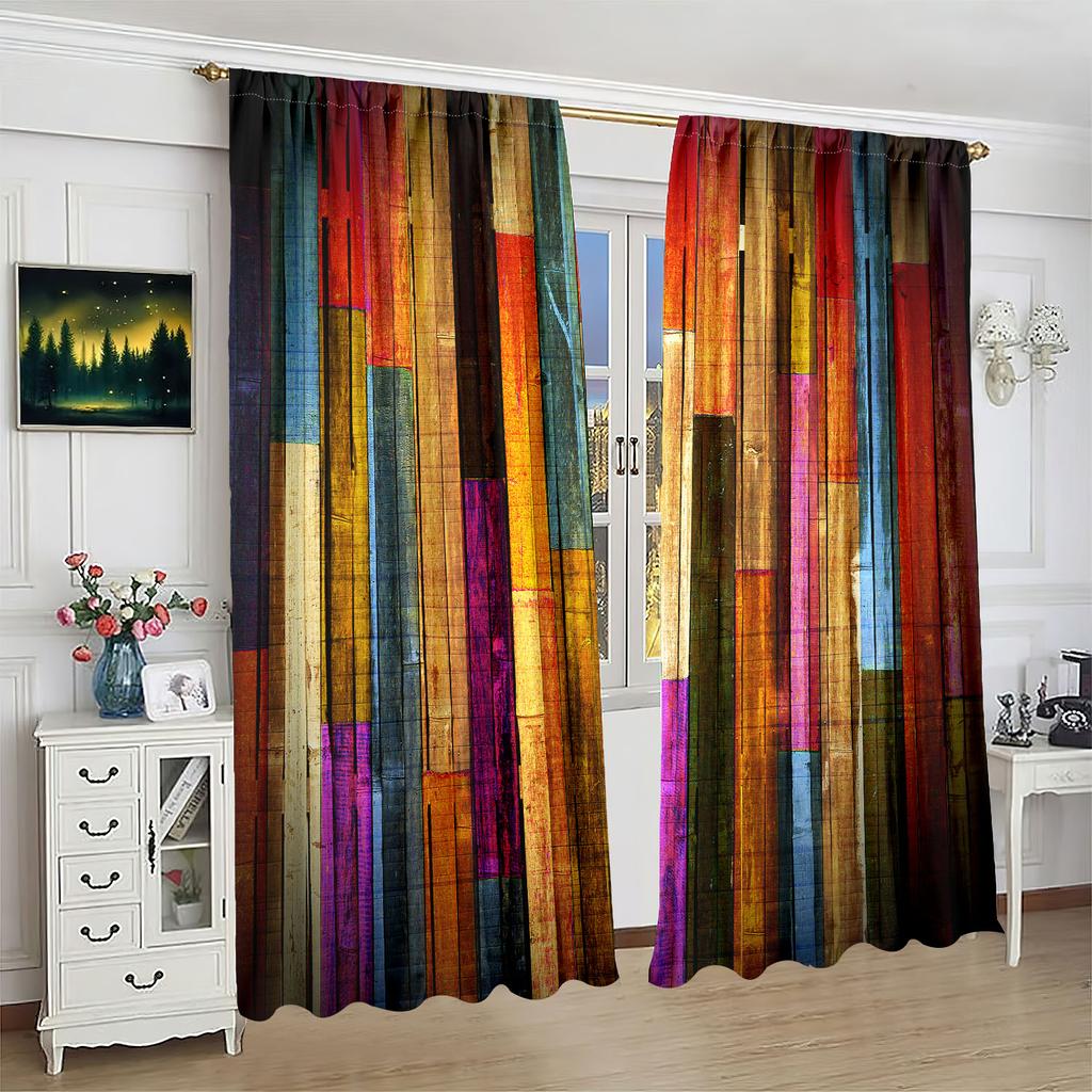 2 Pieces of Vintage Colored Plaid Stripes Printing Curtain - Polyester Material - Suitable for Bedroom Living Room Study Room an