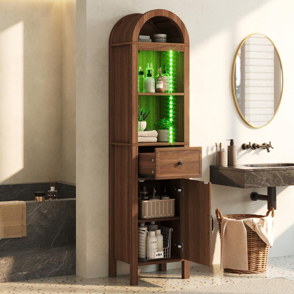 Tall Freestanding Bathroom Cabinet, Arched Top, LED, Reversible Door, Drawer, Magnetic Closure, Soft-Close Hinges, 40×30×163 cm, Walnut Color