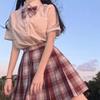 Lemon Sea Salt Plaid School Uniform: Short Sleeve Top & Midi Skirt Set