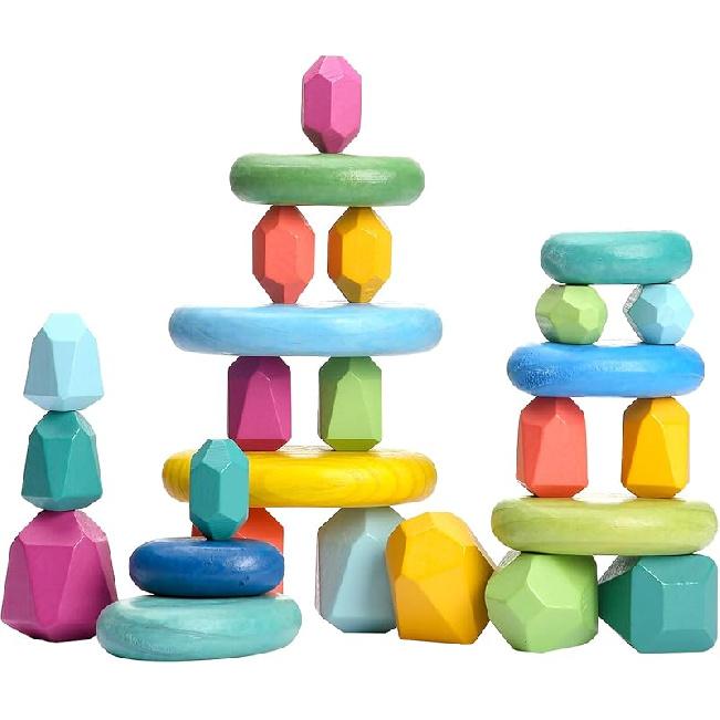 OESSUF 16pcs Extra-Large Wooden Sorting Stacking Rocks - Safe Montessori Toys for 1-3 Year Old, Waldorf Wooden Blocks for Toddlers 1-3, Smooth 26PCs Blue