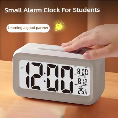 Despertador Digital Inteligente Preto Branco Visor LCD com Temperatura Calendário Temporizador Luz LED para Quarto Escritório (Sem bateria)