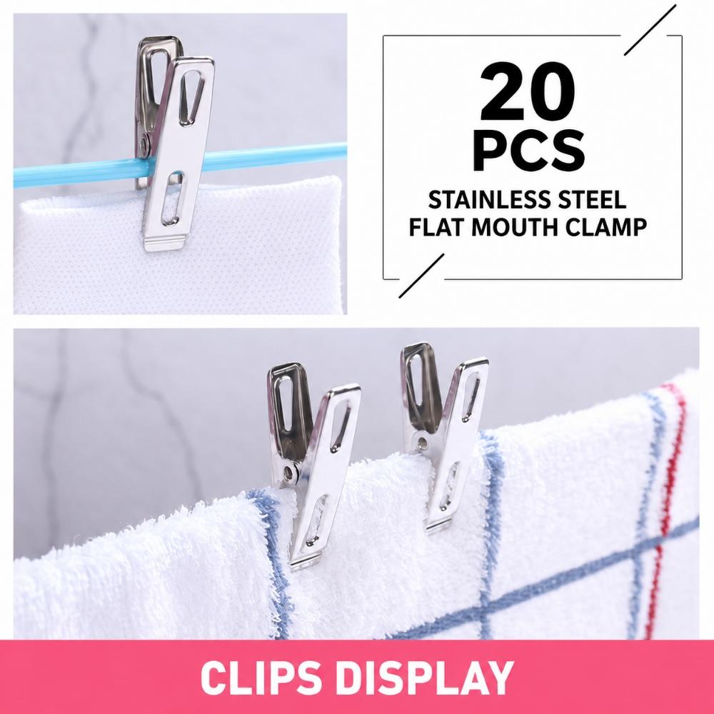 20Pcs Stainless Steel Flat Jaw Laundry Clips, 4.5cm Spring Clothes Pins for Socks, Towels and Cloth